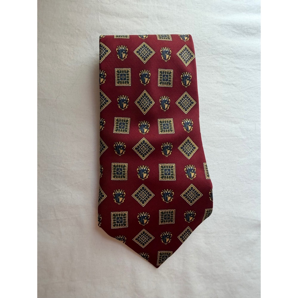 Tommy Hilfiger Mens Silk Tie Burgundy Red Crest Geometric Medallion Made in USA